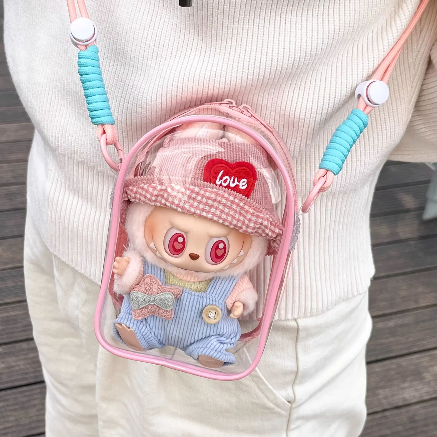Labubu Doll Protective Case — 15cm Cotton Sitting Party Storage & Dustproof PVC Shoulder Bag