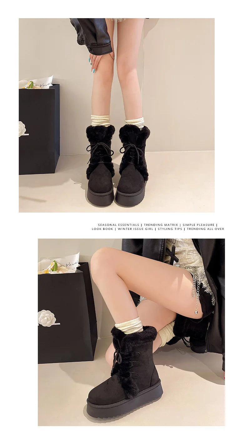 Comemore Women’s Winter Fur Snow Boots – Lace-Up Fluffy Plush Platform Ankle Boots with Thick Cotton Padding