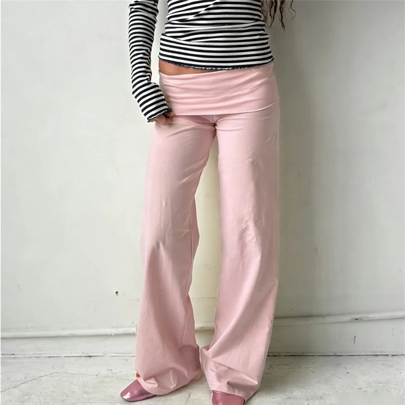Women's Wide Leg Fold Over Pants - Solid Color Y2K Casual Streetwear Trousers
