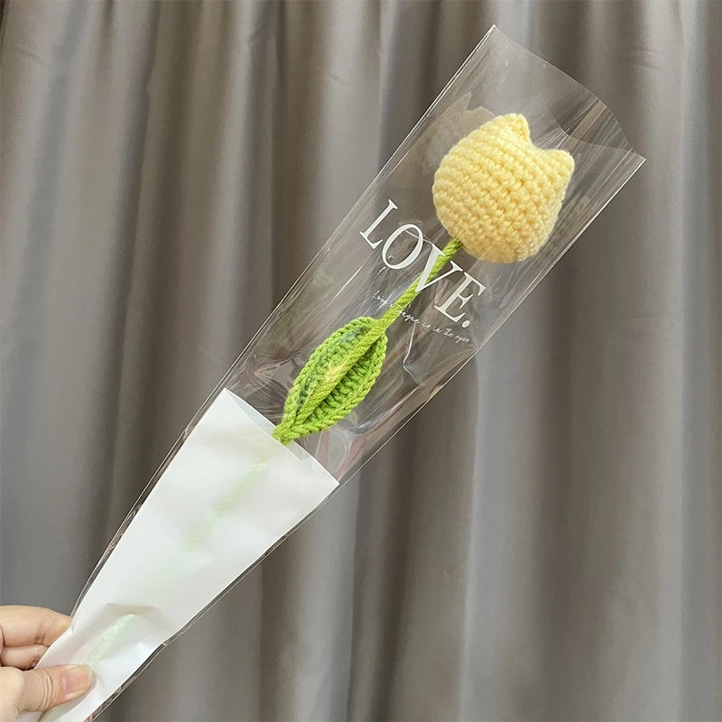 Tulip & Sunflower Knitting Flower Bouquet – Handcrafted Crochet Carnations, DIY Handmade Fake Flowers for Decor