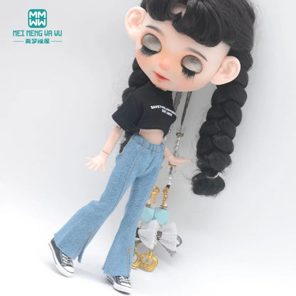 Blythe Doll Clothes – Fashion Tops, Black & White Shirts with Jeans & Plaid Pants for Azone OB22/OB24 Dolls