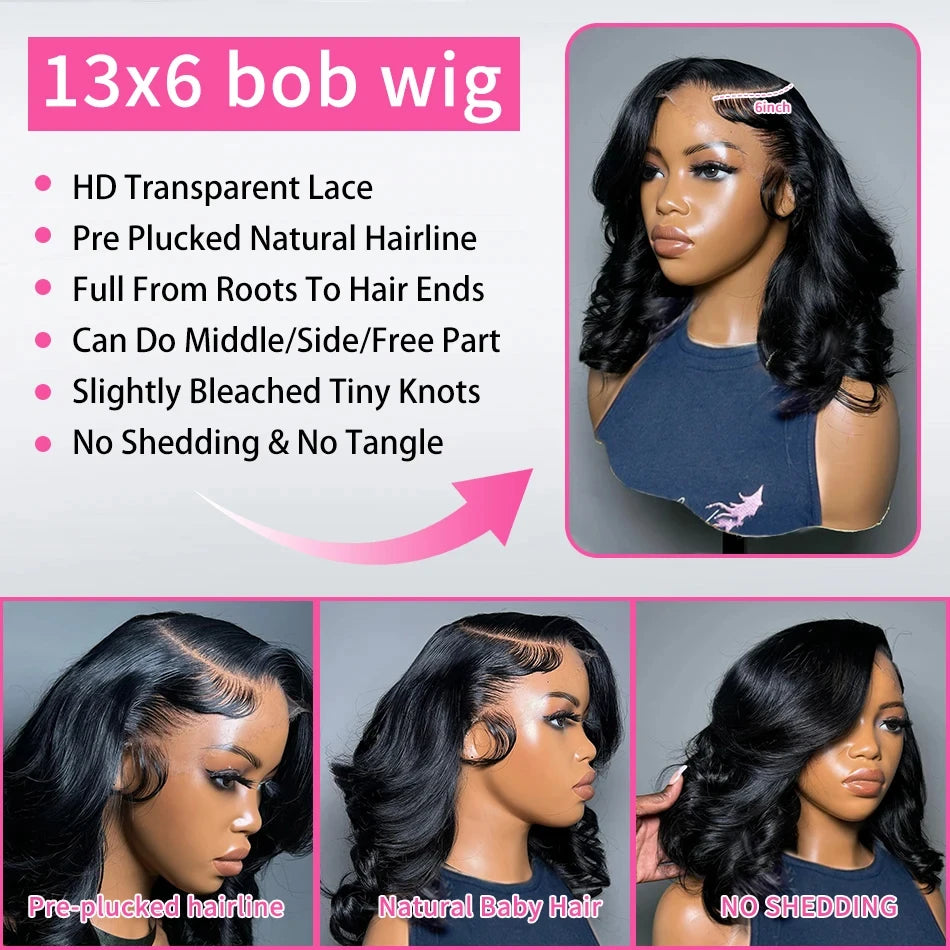 Brazilian Body Wave Short Bob Wig – 13x4/13x6 HD Transparent Lace Front, Pre-Plucked 5x5 High Density Human Hair Lace Frontal Wig
