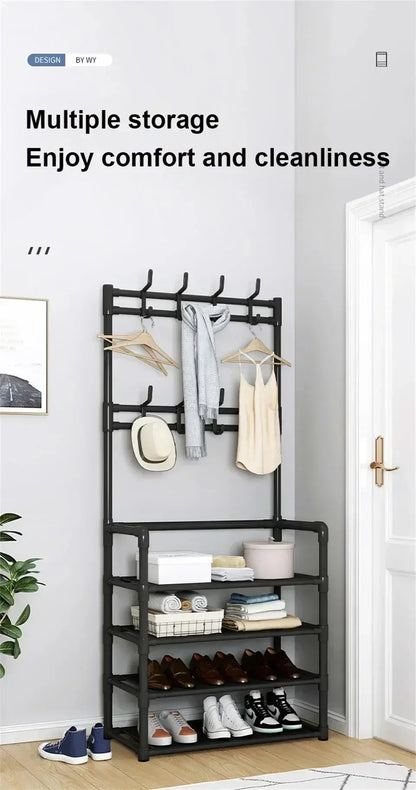 Multi-Layer Clothes Hanger & Shoe Rack – DIY Floor-Standing Hat and Shoes Organizer for Living Room Storage