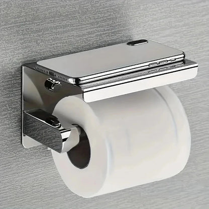 Stainless Steel Bathroom Paper Holder: No-Drill Wall Mount Toilet Roll Holder with Phone Slot - Convenient Home Paper Towel Holder for WC