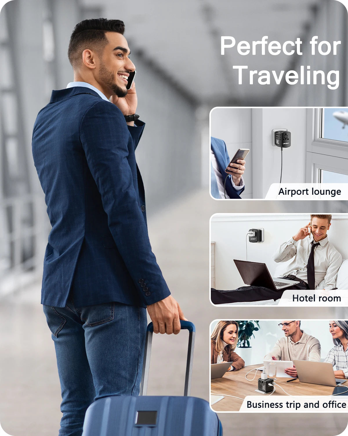 LENCENT International Travel Adapter - All-in-One Wall Charger with 3 USB Ports and 1 Type-C, for US, EU, UK, AUS Travel