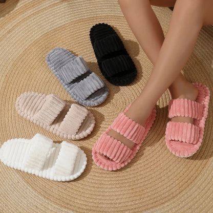 Women’s Corduroy Fuzzy Home Slippers – Lightweight Open Toe Non-Slip Plush Indoor Floor Slides for Autumn & Winter