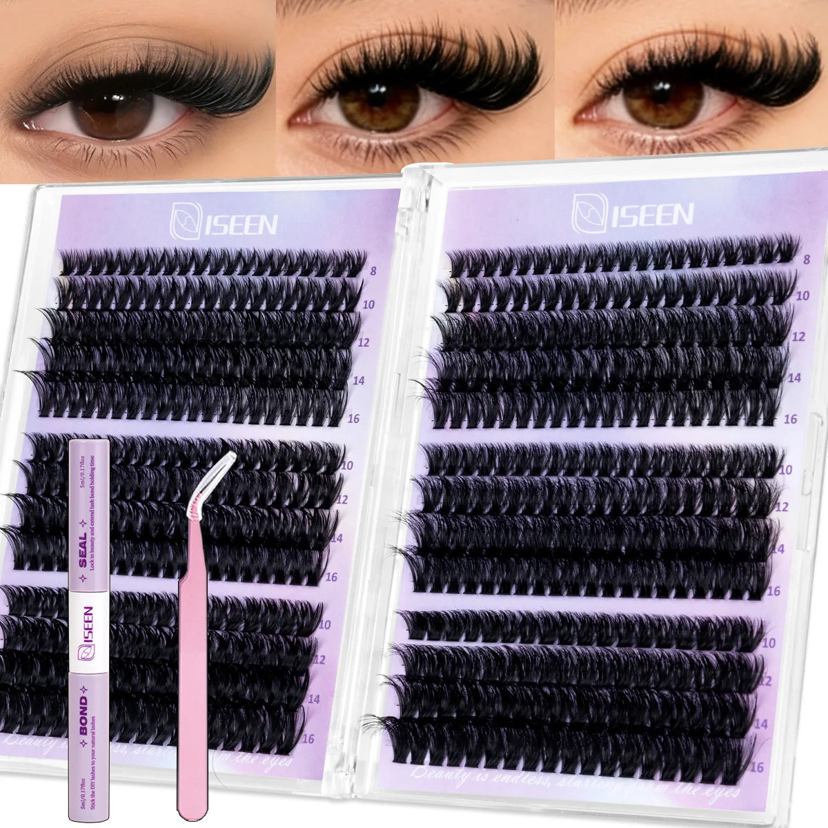 DIY Lash Clusters Kit – Wispy Natural C Curl Eyelash Extensions 8–16mm with Bond & Seal for Salon-Style Eyelash Makeup