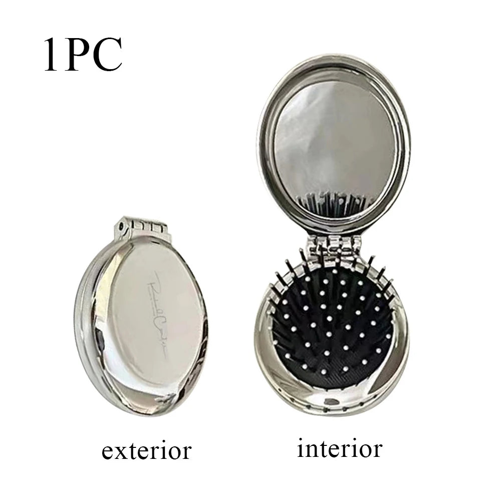 Folding Comb with Mirror - Portable Scalp Massage Hair Styling Brush for Women