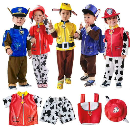 Dog Patrol Kids Costume Set – Cartoon Tops, Pants, Backpack & Hat for Halloween Cosplay