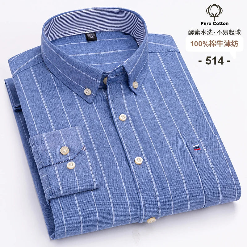 Men's 100% Cotton Oxford Plaid Shirt - Soft Regular Fit Long Sleeve Formal Dress Shirt with Pocket S-7XL