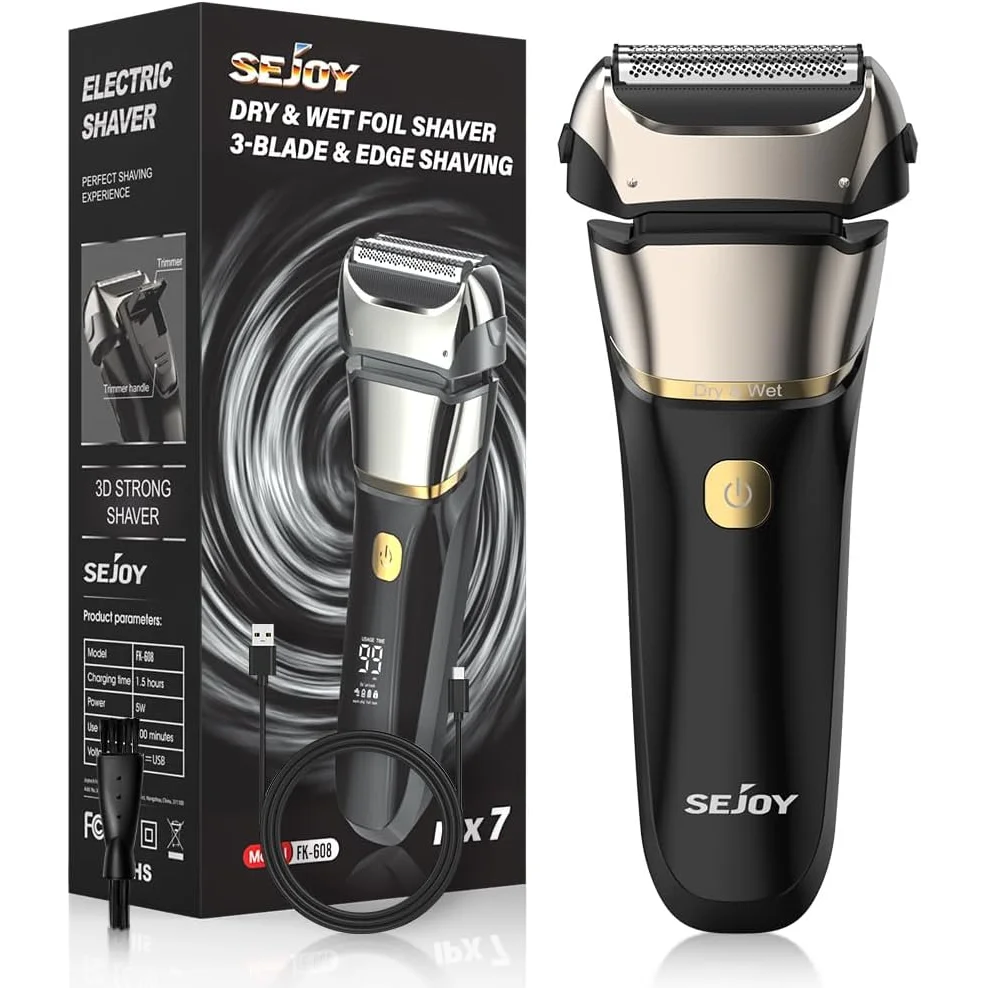 Sejoy Electric Razor for Men – 3-Blade Foil Shaver with 7500 RPM High-Speed Motor & Digital Power Display