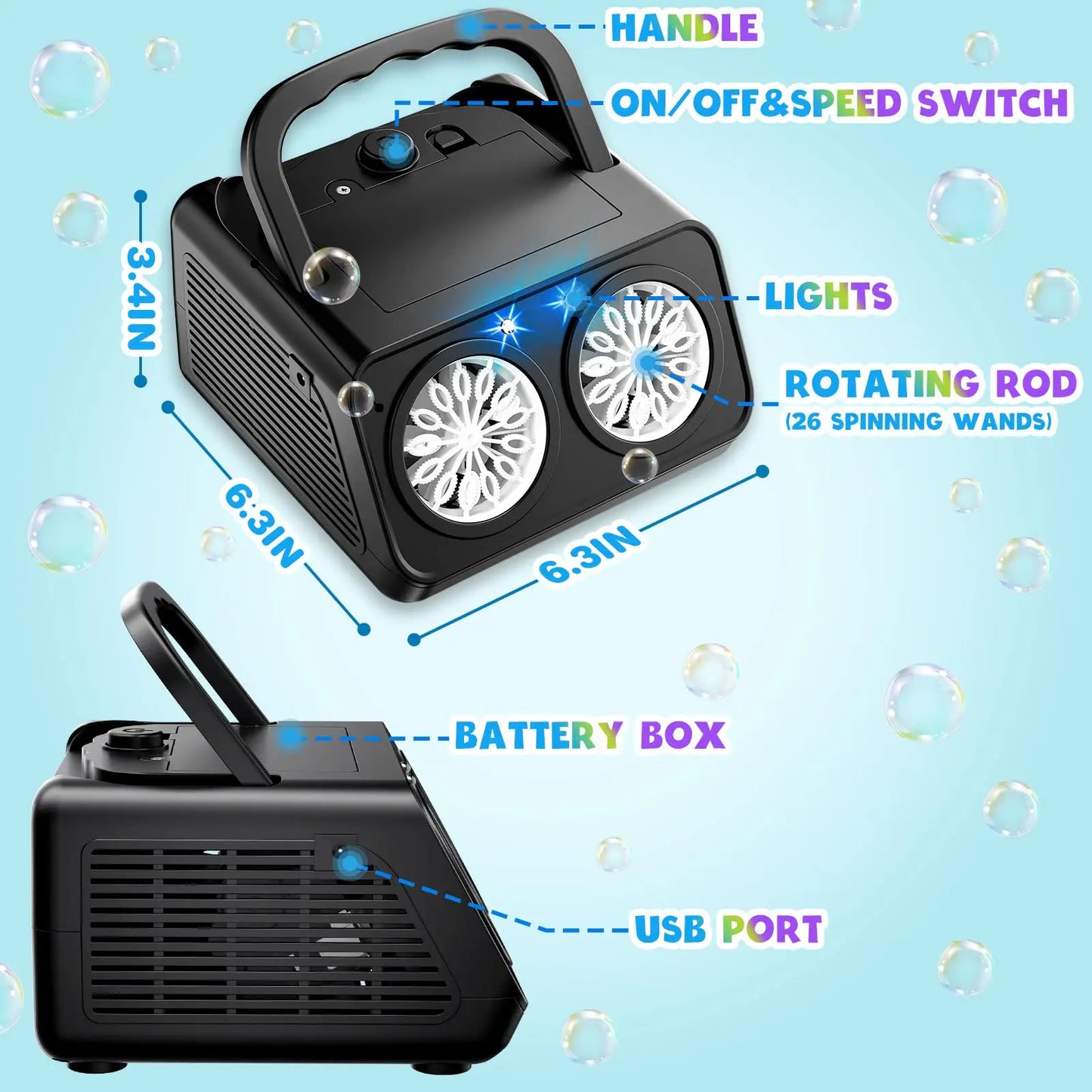 Automatic Bubble Machine with 2 Fans - Creates 20000+ Bubbles Per Minute - Portable Bubble Blower for Kids - Upgraded Bubble Maker