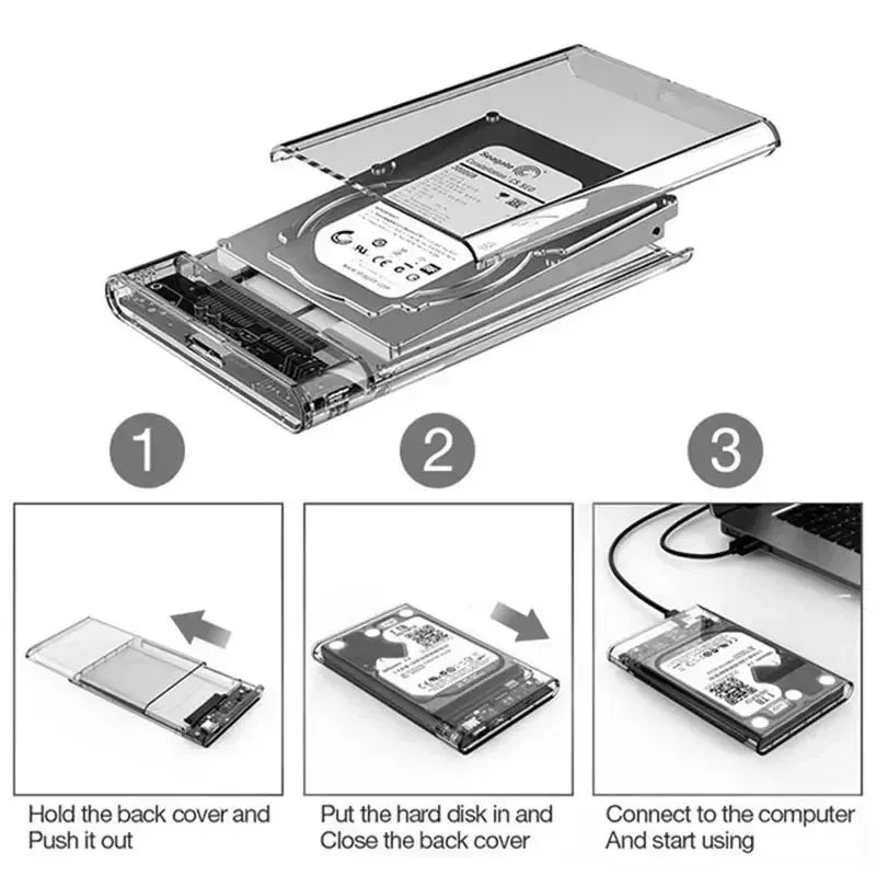 Clear 2.5 Inch SATA SSD HDD Enclosure - USB 3.0 Type-C External Hard Drive Case with UASP Support