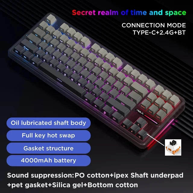 AULA F87 Pro 87-Key Mechanical Keyboard – Tri-Mode 2.4G/USB/Bluetooth, RGB, PBT Keycaps, Gasket Mount, 5-Layer Silencing, Full Key No Impact