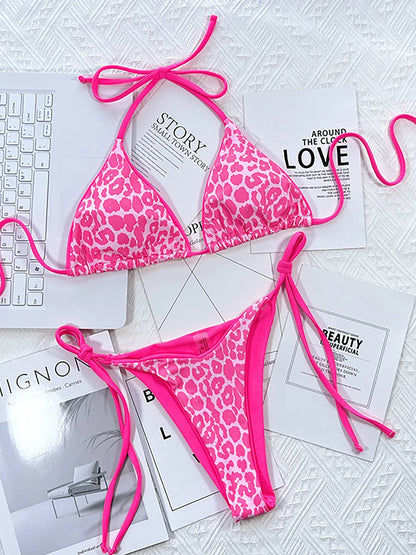 Sexy Leopard Micro Bikini Set - Women's Brazilian Halter Thong Swimsuit Lace Up Beach Swimwear