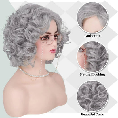 Synthetic Old Lady Wig Costume Set – Short Curly Silver White Grandma Wig & Glasses for Women, Granny Cosplay, Halloween Party