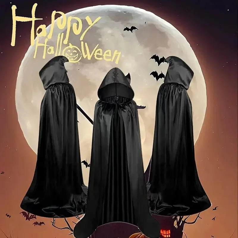 Unisex Halloween Hooded Black Cloak Witch Robe Long Cape Cosplay Costume Party Prop