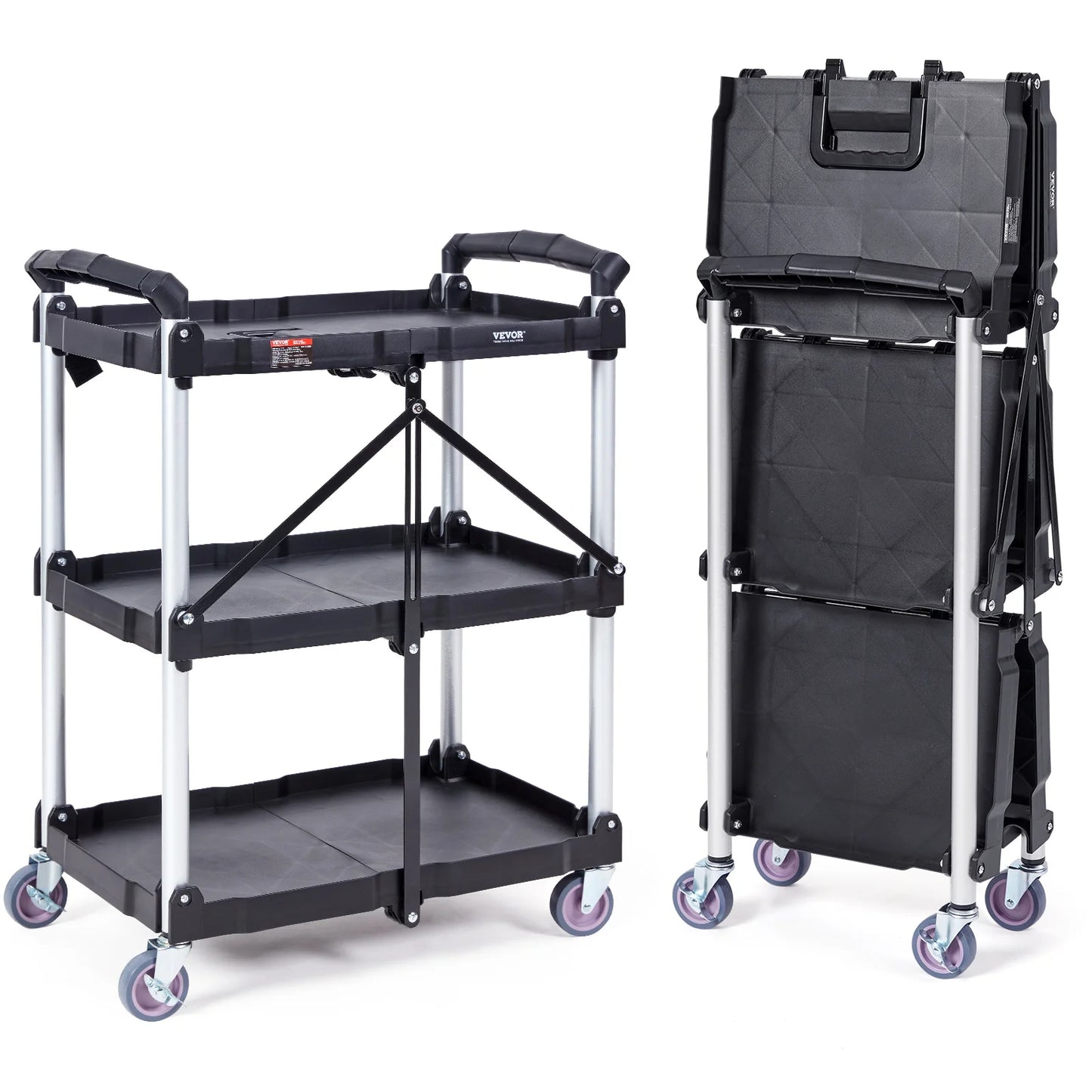 VEVOR 3-Tier Folding Rolling Utility Cart – Slim Storage Shelf & Slide Organizer for Kitchen & Bathroom