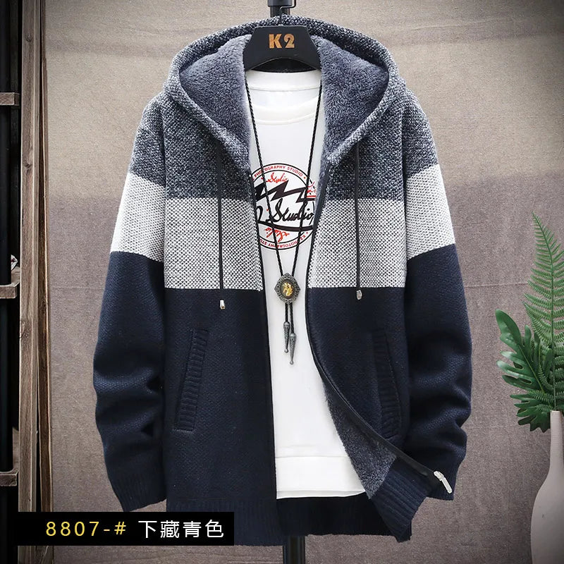 Men's Autumn Winter Fleece Cardigan Sweater - Zipper Velvet Contrast Stripe Casual Warm Jacket Coat