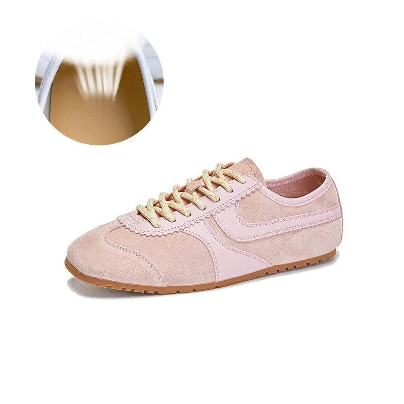 MORAZORA 2025 Women’s Split Leather Sneakers – Lace-Up Fashion Casual Flats in Beige & Pink