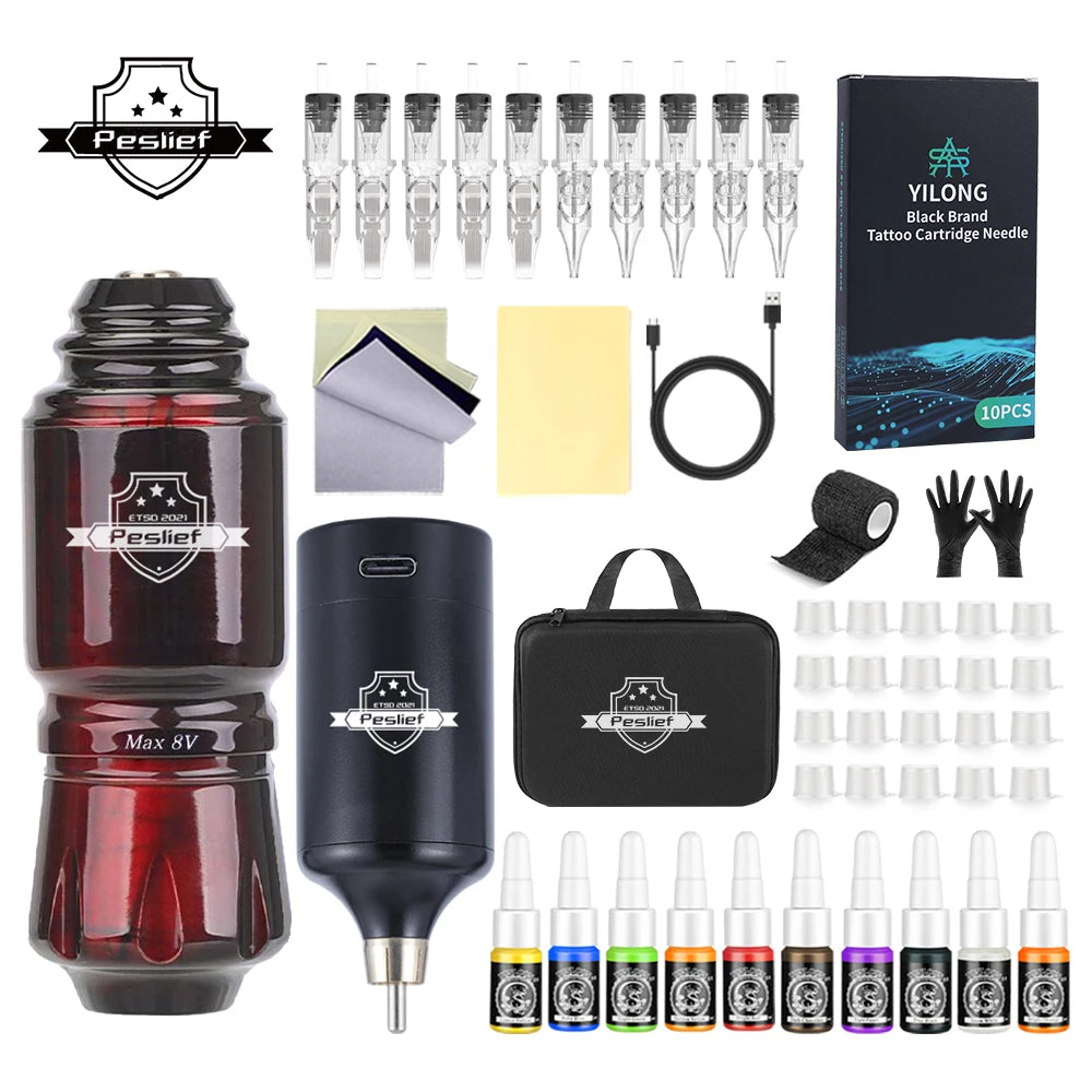Rotary Wireless Tattoo Machine Kit – Complete Set with 10PCS Cartridge Needles, Permanent Makeup Tool for Tattoo Artists