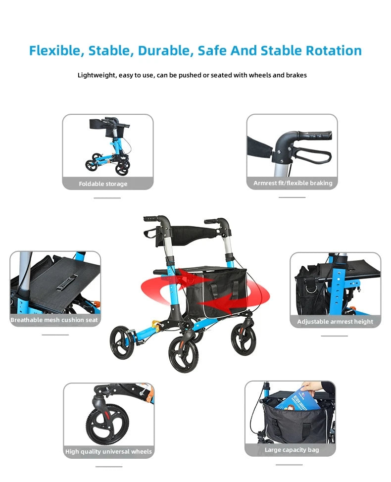 Elderly Disabled Rehabilitation Rollator Walker – Aluminum Alloy Folding Pulley Walking Aid for Home Mobility Training