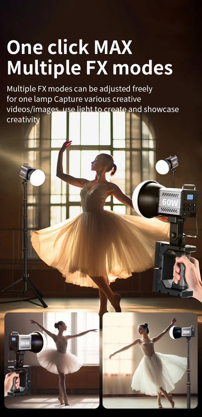 60W COB Video Light - CRI≥90, TLCI≥97, Dual Color Temperature 2700K-6500K, Portable Mini Bowens Live Lighting
