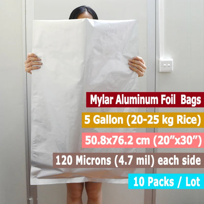 10-Pack 5-Gallon Mylar Bags — Resealable Aluminum Foil Food Storage, Light-Proof & Food-Grade (20"x30")