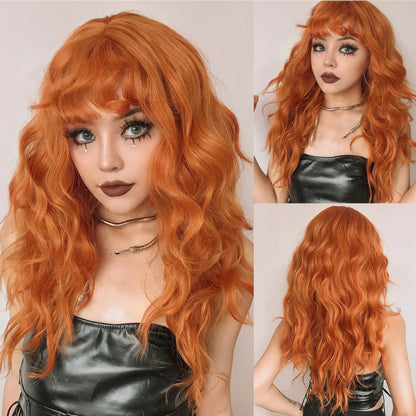 Copper Ginger Red Brown Synthetic Wig – Long Fluffy Wavy Wig with Bangs, Heat-Resistant Cosplay & Daily Wear Hair for Women