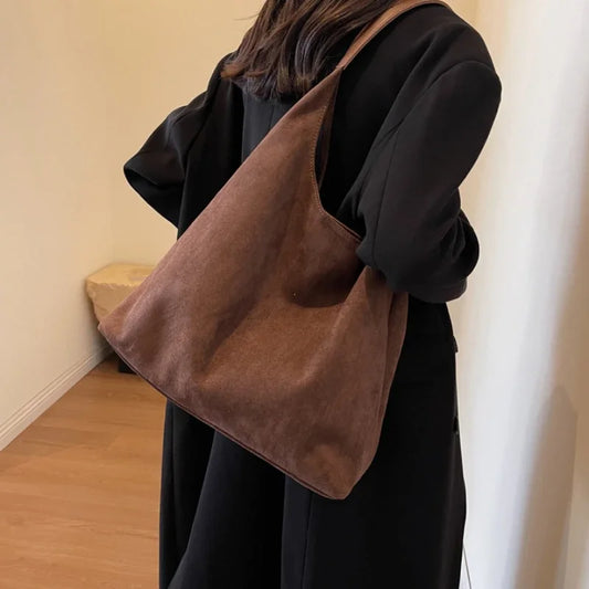 Autumn & Winter Vintage Women’s Bag — Large Capacity Suede Shoulder Bag, Solid Color Casual Commuter Handbag