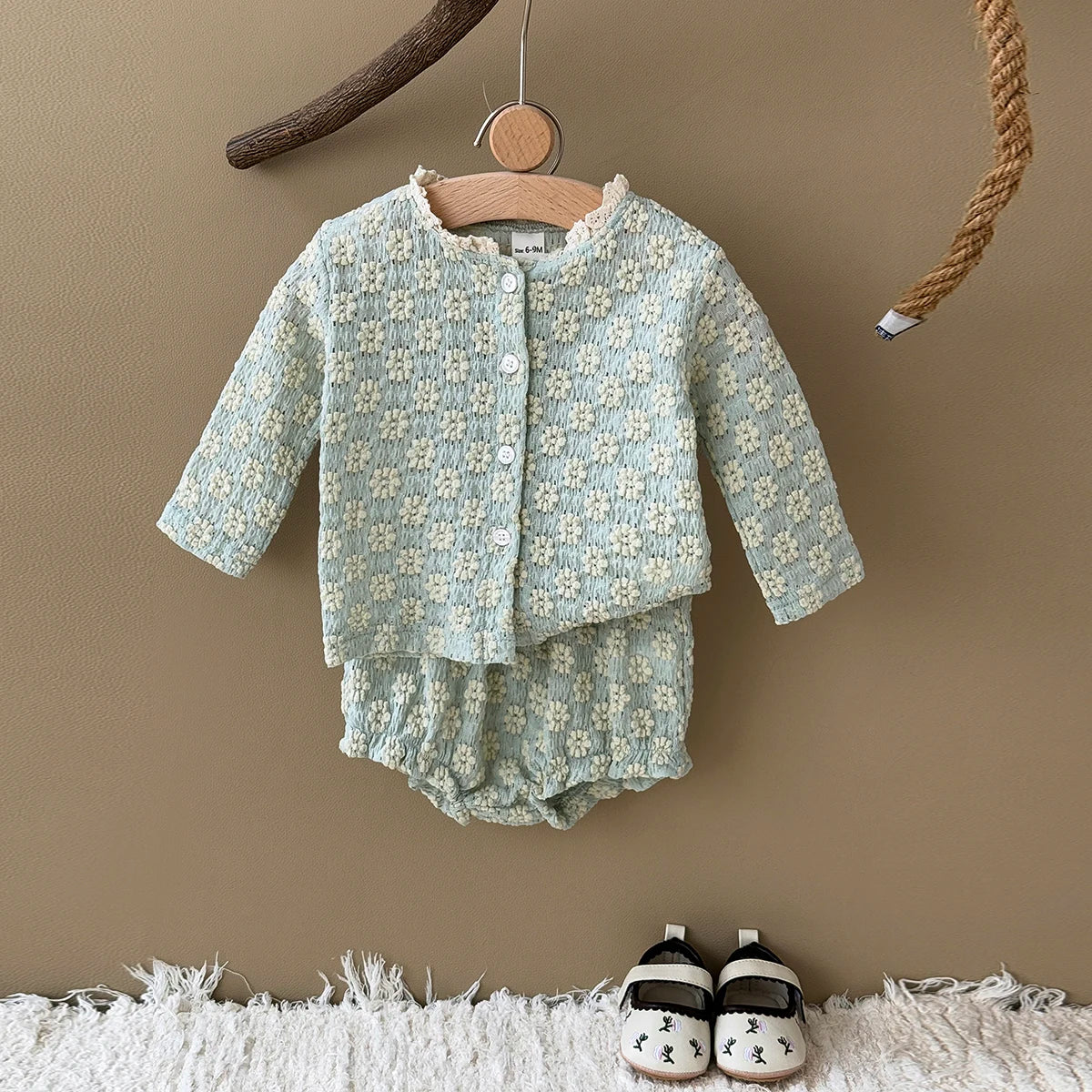 Summer European Style Baby Onesie Set – Floral Embroidery Long Sleeve Top & Shorts, Breathable 2-Piece Outfit