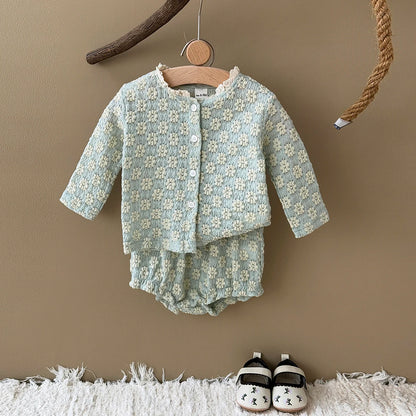 Summer European Style Baby Onesie Set – Floral Embroidery Long Sleeve Top & Shorts, Breathable 2-Piece Outfit