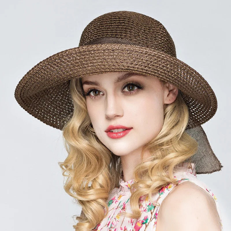 Women’s Summer Bow Ribbon Panama Hat – Beach Straw Cap Bonnet, Stylish Sun Hat for Women