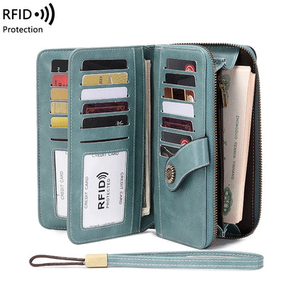 RFID Anti-Theft Retro Large Capacity Women's Wallet – Multi-Card Zipper Wallet with Wrist Strap