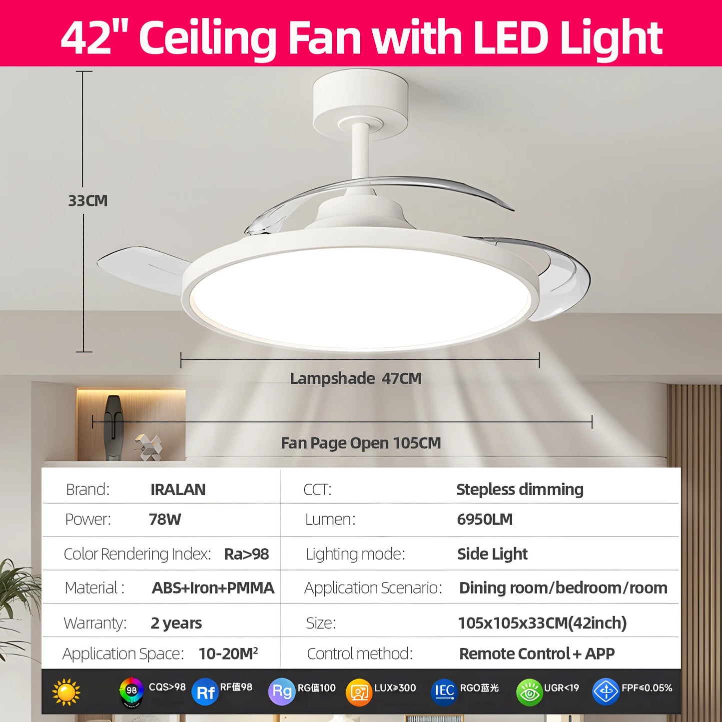 Modern Invisible Ceiling Fan with LED Light - DC Motor, Large Air Volume & Remote Control for Bedroom and Dining Room