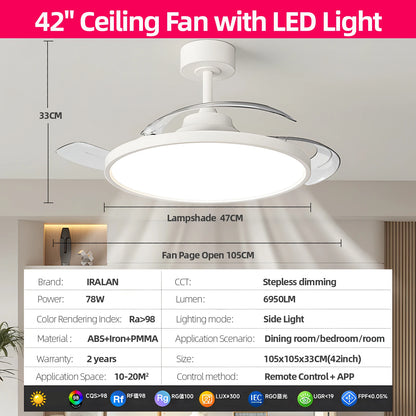 Modern Invisible Ceiling Fan with LED Light - DC Motor, Large Air Volume & Remote Control for Bedroom and Dining Room