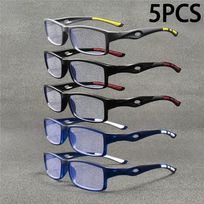 5PCS Sport Style Anti-Blue Light Reading Glasses – Rectangular Full Rim Non-Prescription Eyewear with PC Frame