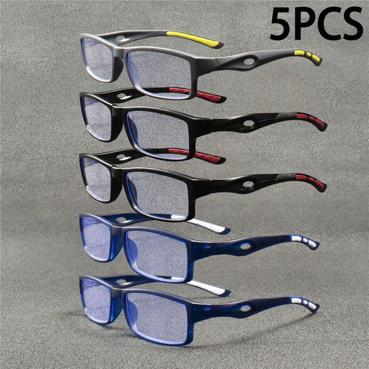 5PCS Sport Style Anti-Blue Light Reading Glasses – Rectangular Full Rim Non-Prescription Eyewear with PC Frame