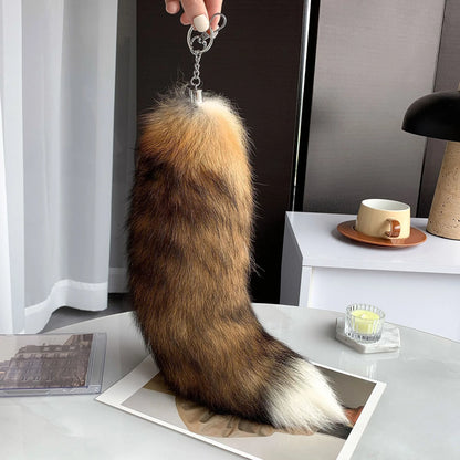 Natural Fox Fur Tail Keychain – 40cm Furry Racoon Bag Charm & Fluffy Keyring Accessory for Women