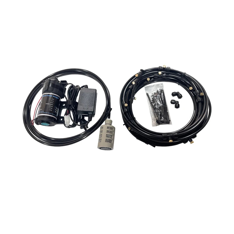 24V Quiet Misting Kit – Low Pressure Pump Spray System with Fog Nozzles for Dust Removal, Cooling & Humidification Watering System