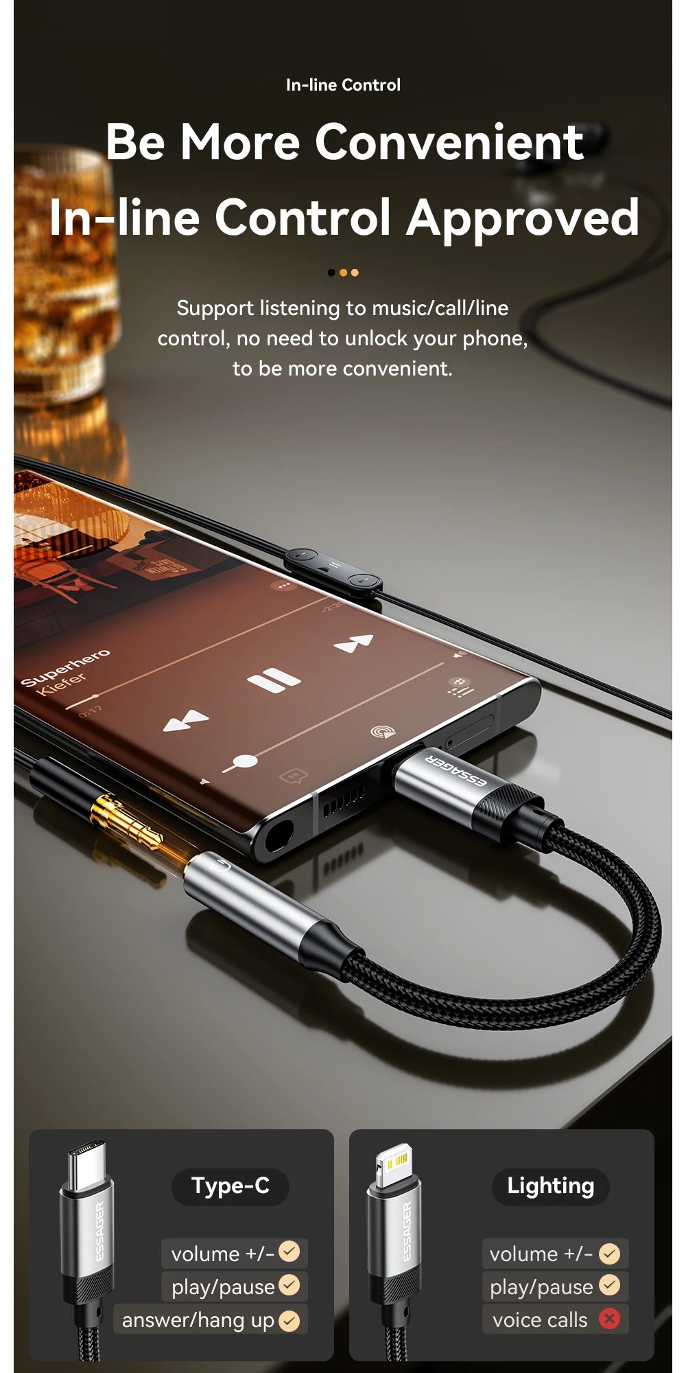 Essager 2-in-1 Audio Adapter – Lightning & USB-C to 3.5mm Jack for iPhone, Xiaomi, OnePlus, OTG Aux Cable