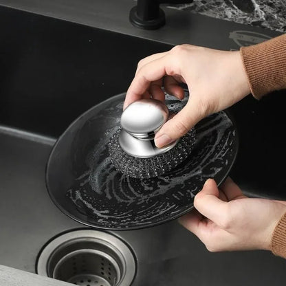Stainless Steel Pot Brush with Handle – Heavy Duty Dishwashing Wire Ball for Pot & Pan Cleaning (5/1 Pcs)