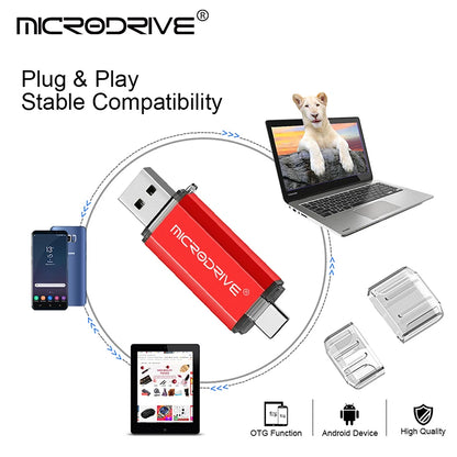 Type C OTG USB Flash Drive - High Speed USB 2.0 Memory Stick 4GB 8GB 16GB 32GB 64GB 128GB for Type-C Devices