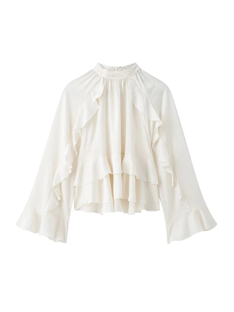 Women’s Long Sleeve Ruffled Blouse – Stand Collar Elegant Chic Fashion Shirt
