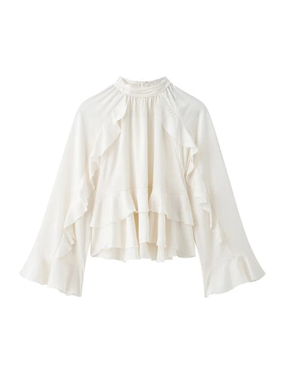 Women’s Long Sleeve Ruffled Blouse – Stand Collar Elegant Chic Fashion Shirt