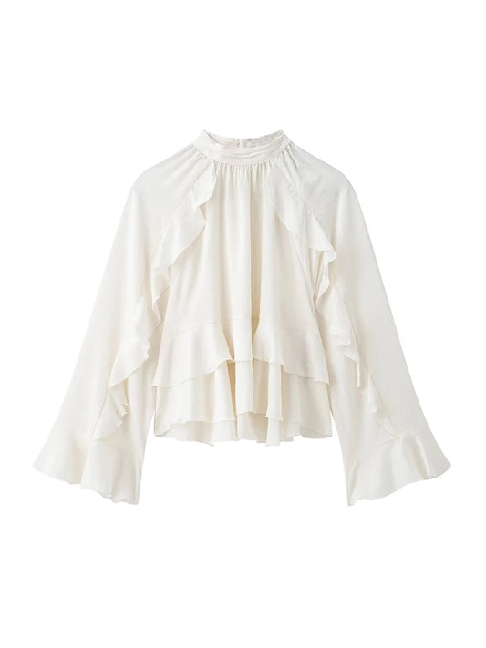 Women’s Long Sleeve Ruffled Blouse – Stand Collar Elegant Chic Fashion Shirt