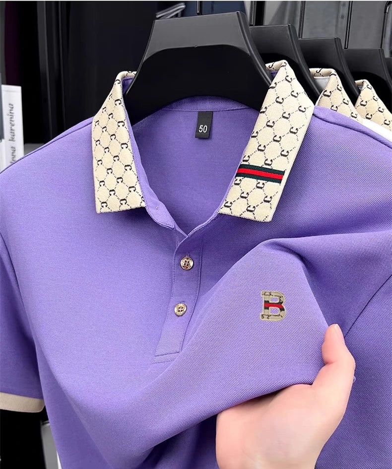 Men's Luxury Color Block Polo Shirt - Embossed Letter Short Sleeve Breathable Summer Fashion Top