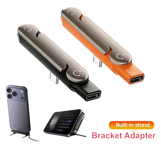 Type-C Phone Charging Stand Adapter – USB-C Male to USB-C Female Foldable Data Cable Converter with Built-in Phone Holder for Fast Charging & Sync Compatible with Type-C Devices