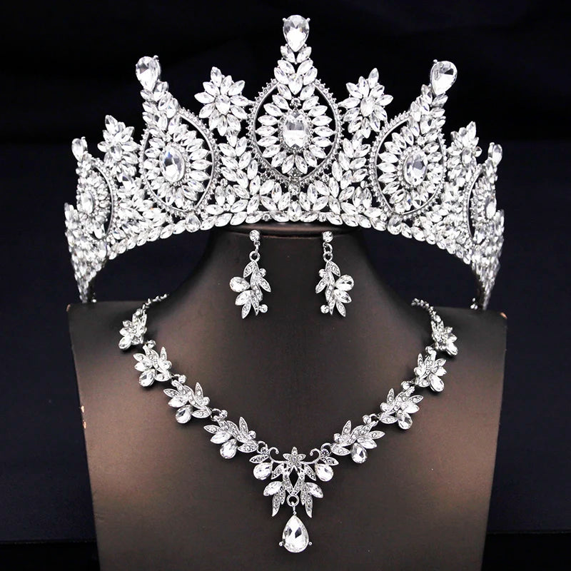 Rhinestone Bridal Tiara Jewelry Set - Wedding Crown with Necklace and Earrings for Women