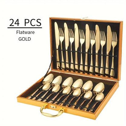 24-Piece Stainless Steel Black Flatware Set — Elegant Knife, Fork & Spoon Cutlery with Mirror Polish, Gold Accents, Dishwasher Safe